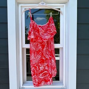 One Shoulder Red Tropical Dress